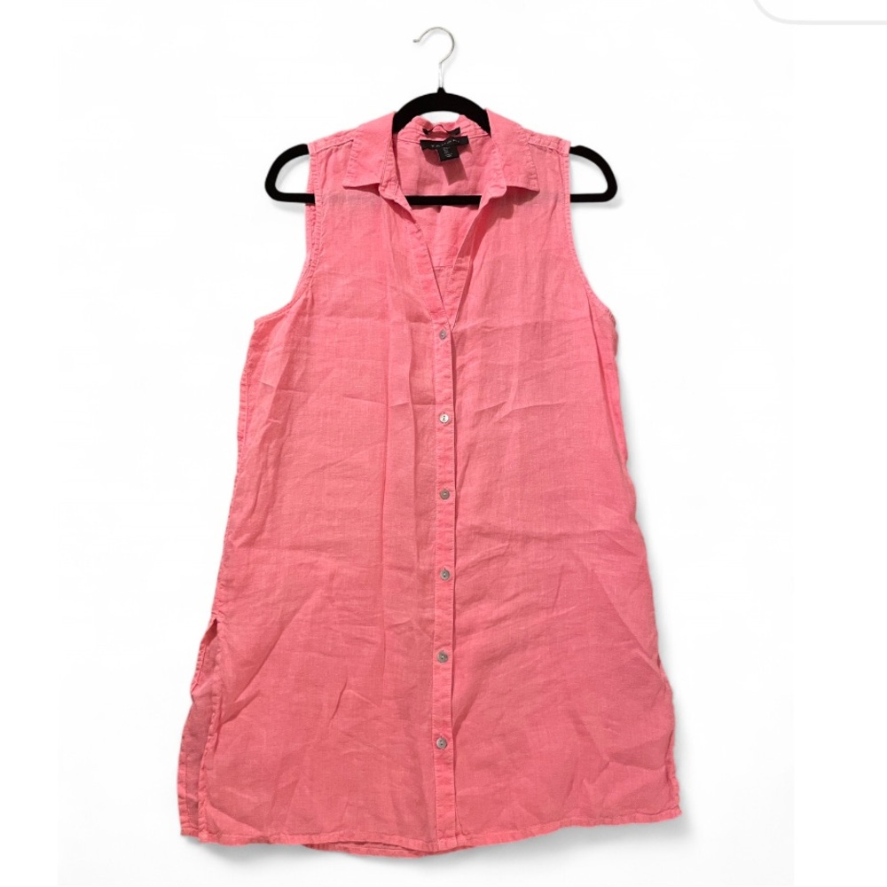 100% Linen Tahari Shirt Pink Sleeveless Button-Down Tunic Shirt Linen Tank Top